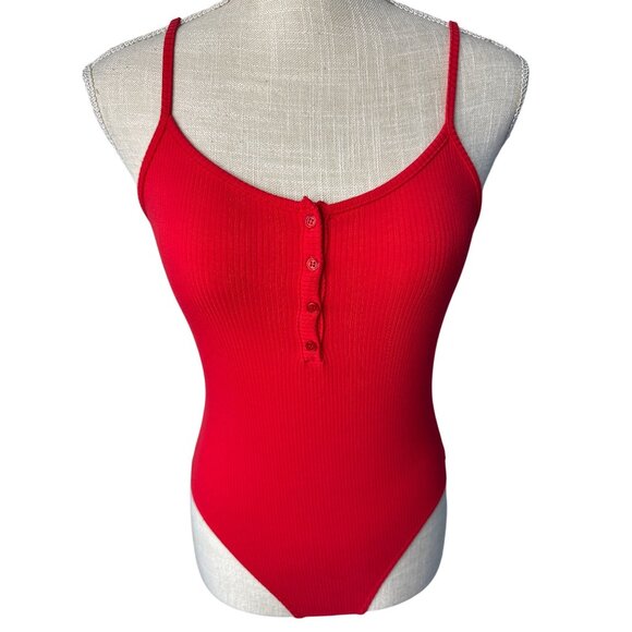 Garage Red Ribbed Bodysuit With Button Front Closure P/S - Picture 1 of 7
